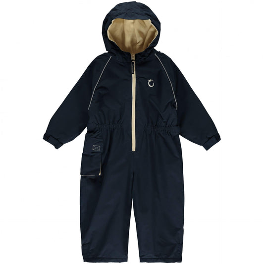 Hippychick toddler all-in-one waterproof fleece-lined suit in midnight blue, featuring a hood, elasticated waist, and adjustable cuffs for warmth and protection.