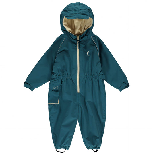 Hippychick toddler all-in-one waterproof fleece-lined suit in peacock green, featuring a hood, elasticated waist, and adjustable cuffs for warmth and protection.