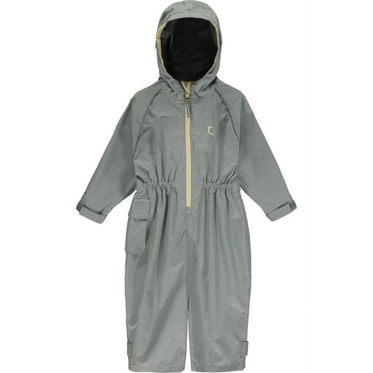 Hippychick toddler all-in-one waterproof shell suit in cool grey, featuring a hood, elasticated waist, and adjustable cuffs for outdoor protection