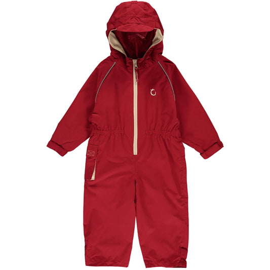 Hippychick toddler all-in-one waterproof shell suit in fiesta red, featuring a hood, elasticated waist, and adjustable cuffs for outdoor protection.