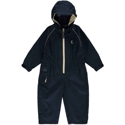 Hippychick toddler all-in-one waterproof shell suit in midnight blue, featuring a hood, elasticated waist, and adjustable cuffs for outdoor protection.