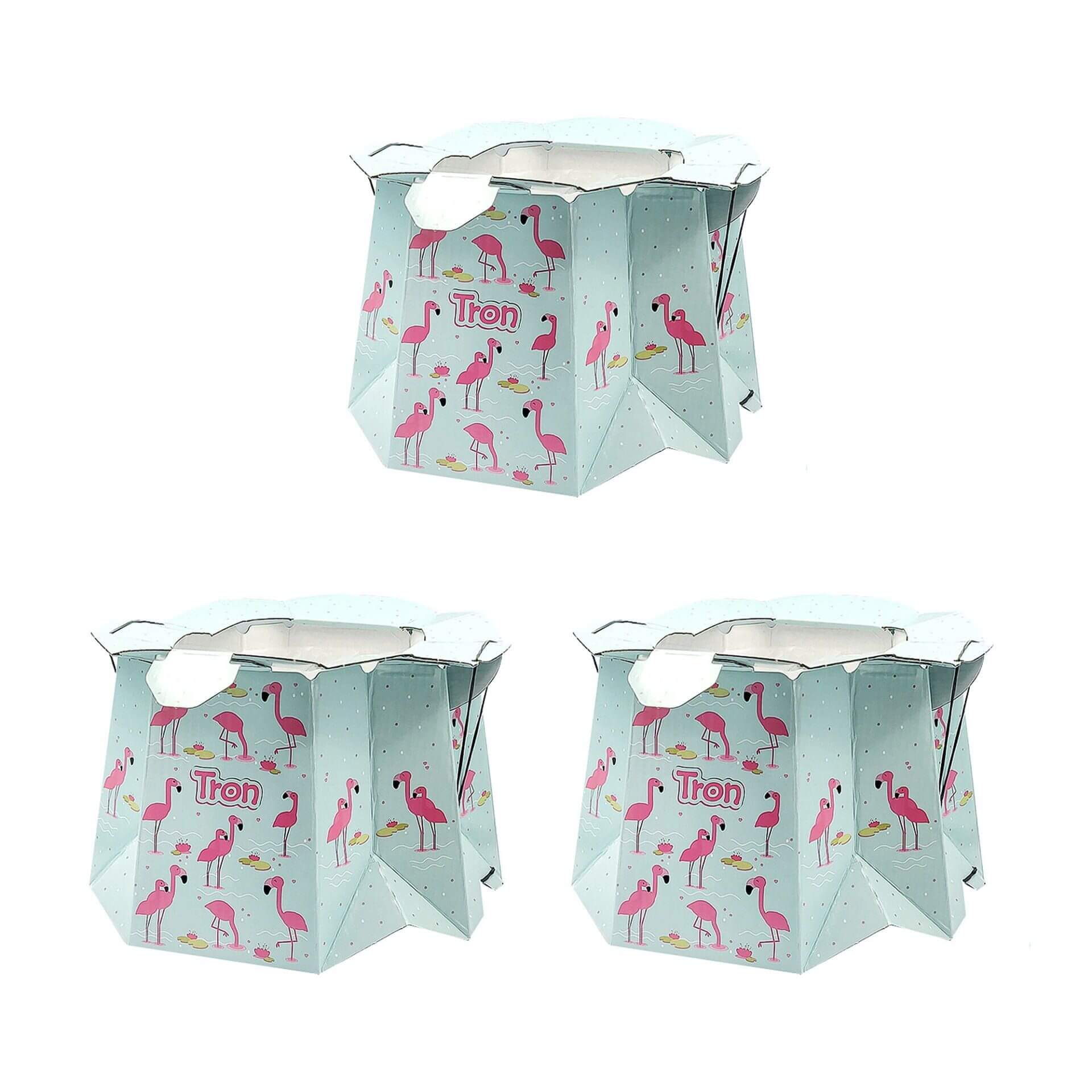 Trio of Tron disposable potties with a flamingo design, compact and portable, perfect for travel and convenient potty training on the go.