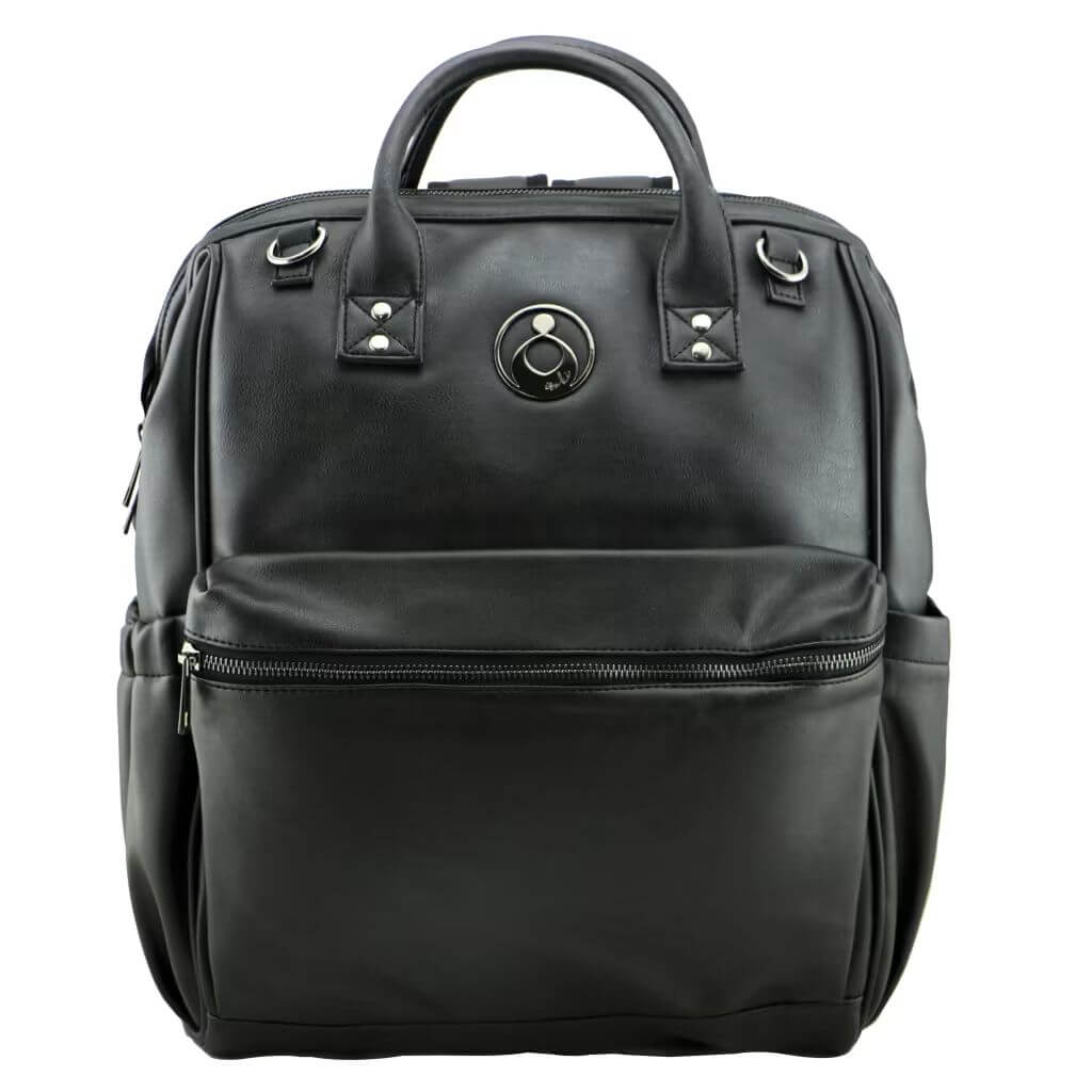 Isoki Onyx Byron nappy bag front view in black, showcasing a premium leather-look design with spacious zippered compartment