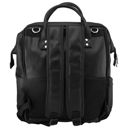 Isoki Onyx Byron nappy bag back view, featuring padded adjustable straps, mesh pockets, and a sleek black leather-look design.