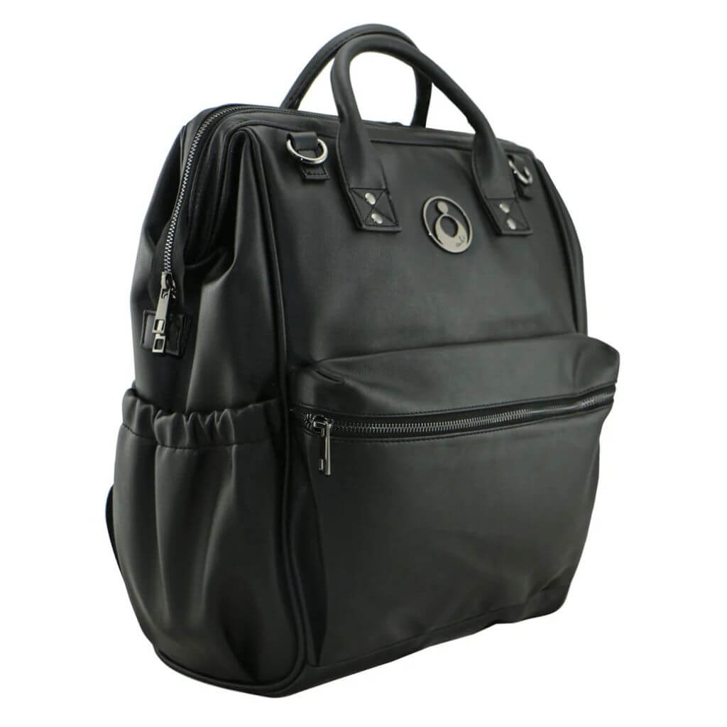 Isoki Onyx Byron nappy bag angled side view in black, highlighting its leather-look finish, spacious pockets, and premium design.