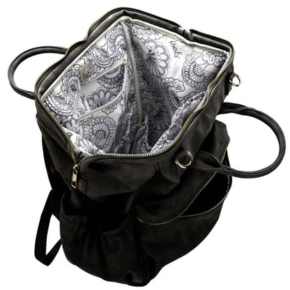 Isoki Onyx Byron nappy bag interior view, showing spacious, organized compartments with stylish patterned lining for easy access