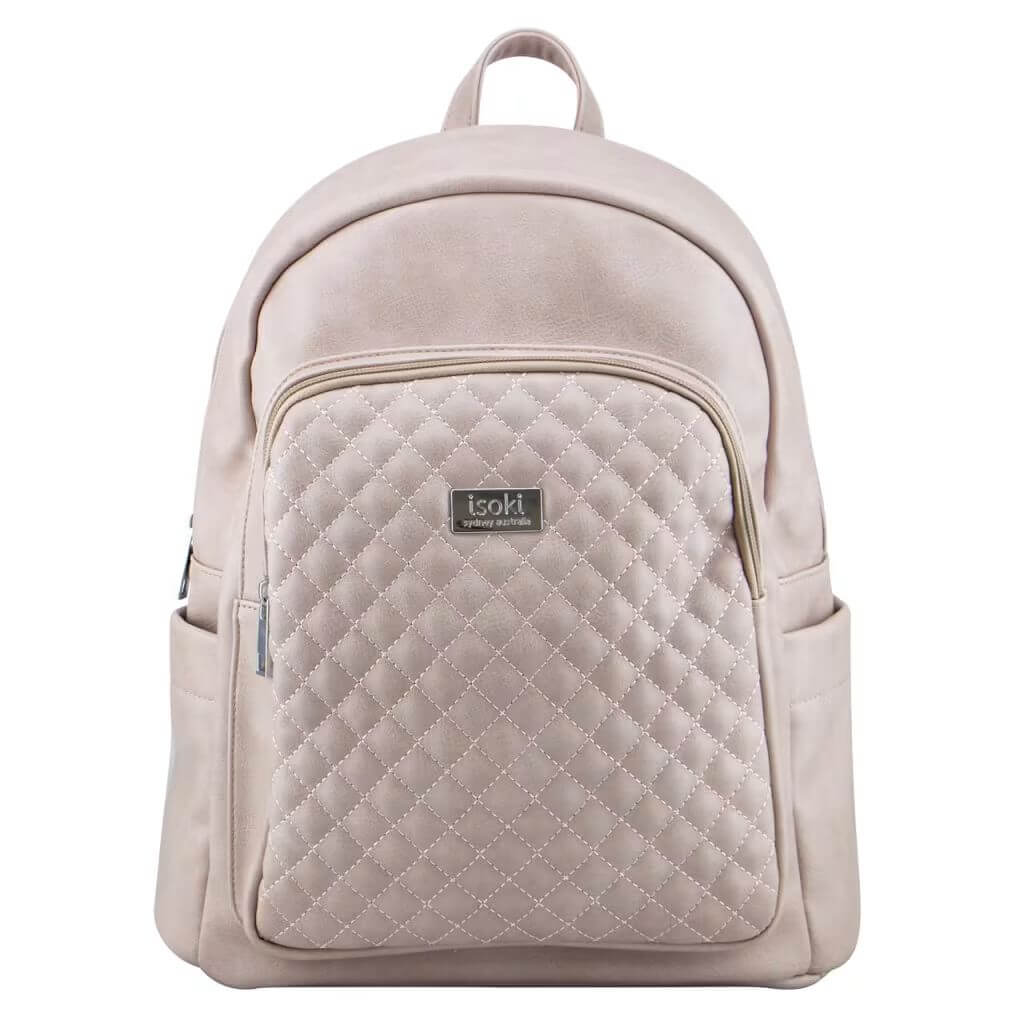 Front view of Isoki Marlo backpack in mushroom colour, featuring a quilted front pocket, sleek design, and soft leather-like finish.