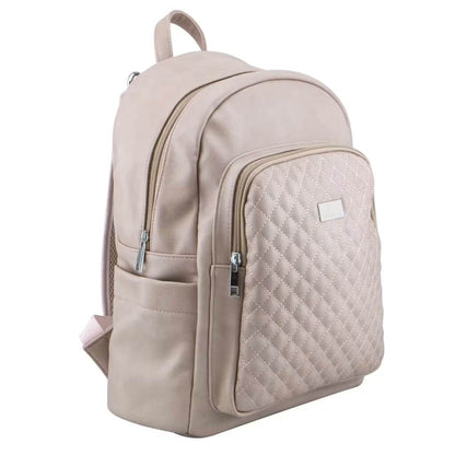 Side view of Isoki Marlo backpack in mushroom colour, featuring a quilted front pocket, soft leather-like finish, and dual zippers.