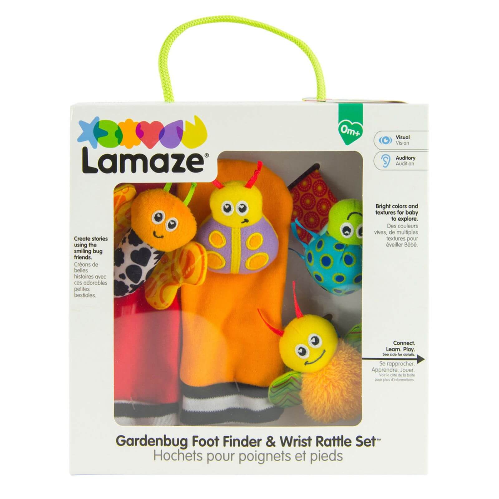 Lamaze Gardenbug Foot Finder and Wrist Rattle Set with colourful bugs, soft textures, and gentle rattles for baby’s sensory play.