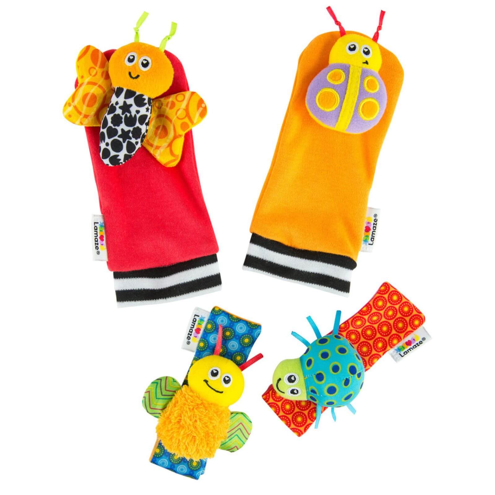 Lamaze Gardenbug Foot Finder and Wrist Rattle Set featuring colourful bug designs, soft textures, and gentle rattles for baby playtime.