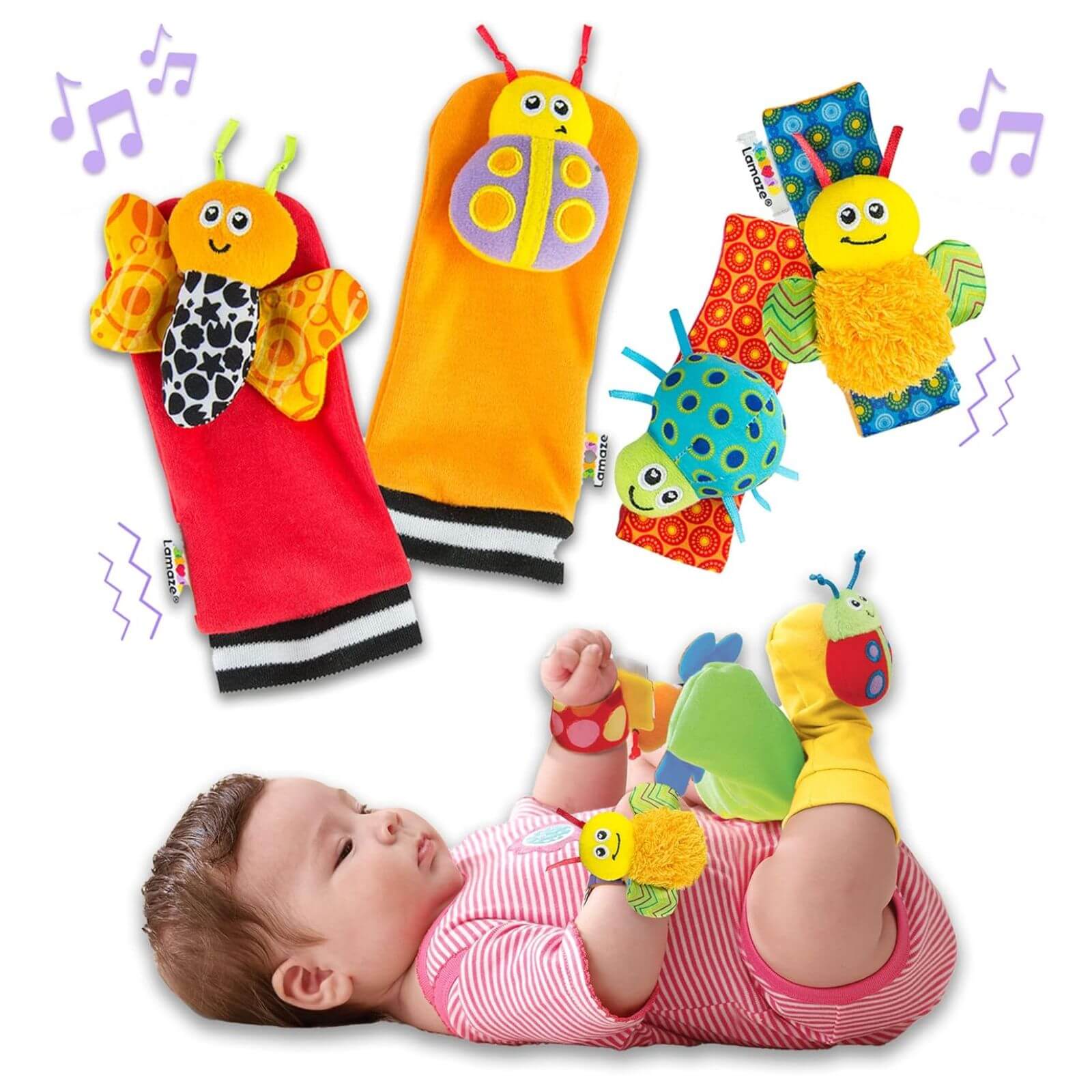 Lamaze Gardenbug Foot Finder and Wrist Rattle Set shown with a baby engaging in play. Includes colourful bug designs, soft textures, and gentle rattles to encourage sensory development and movement.