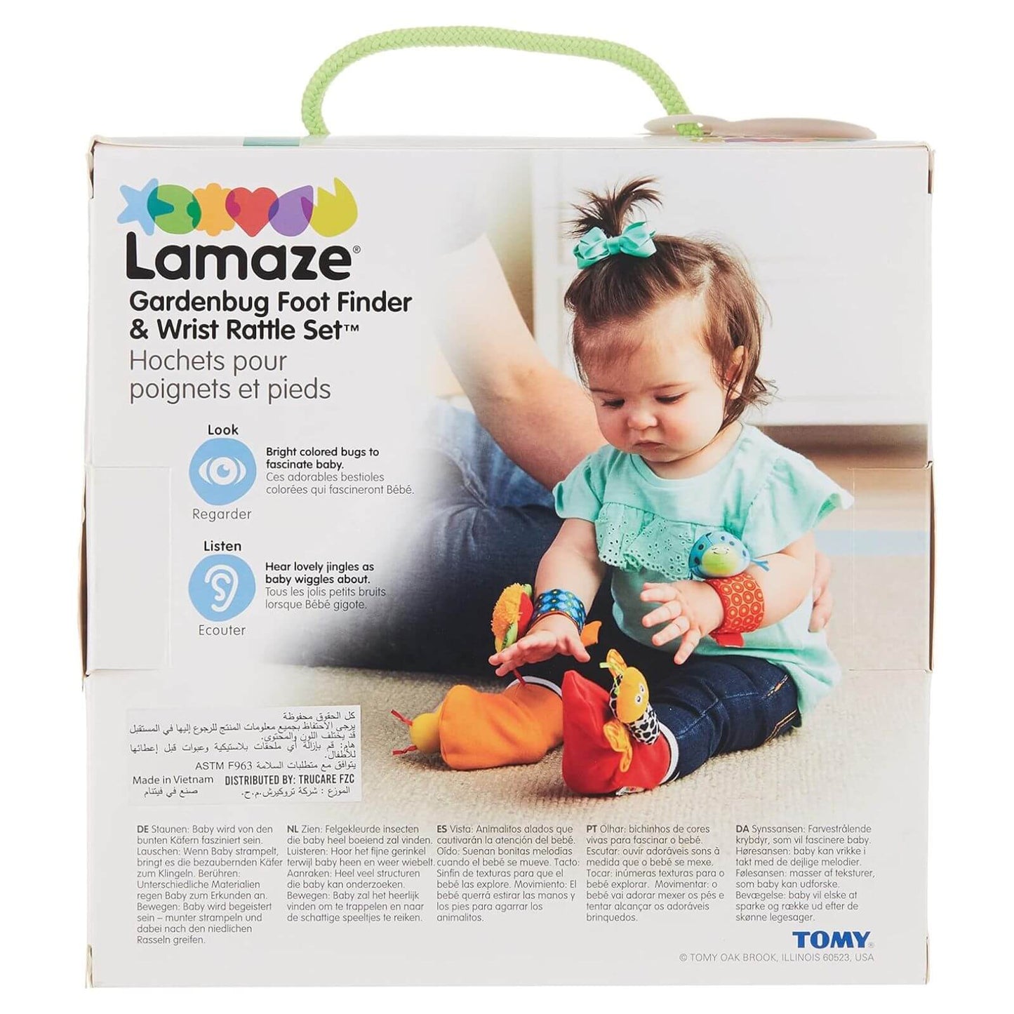 Back of the Lamaze Gardenbug Foot Finder and Wrist Rattle Set packaging.