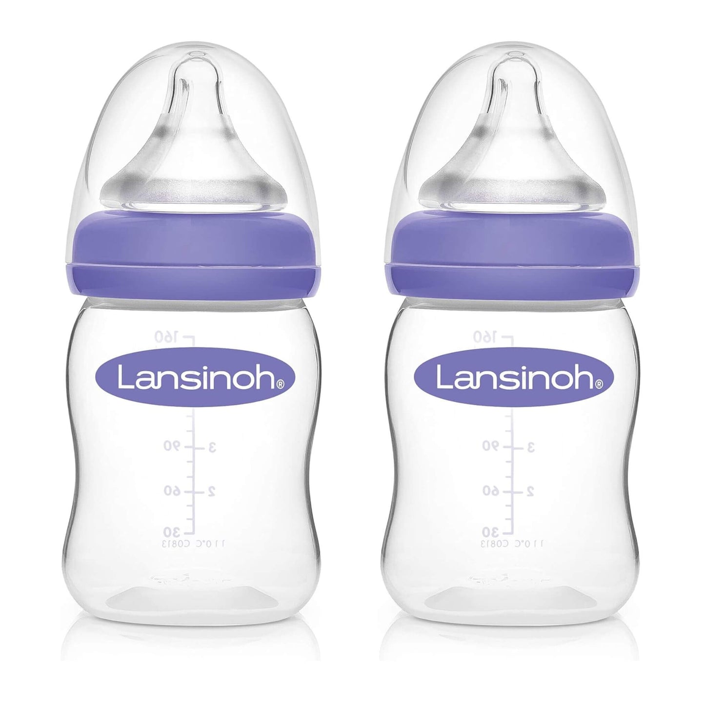 Two Lansinoh 160ml Feeding Bottles with NaturalWave® Teats and protective caps, designed for easy transition between breast and bottle.