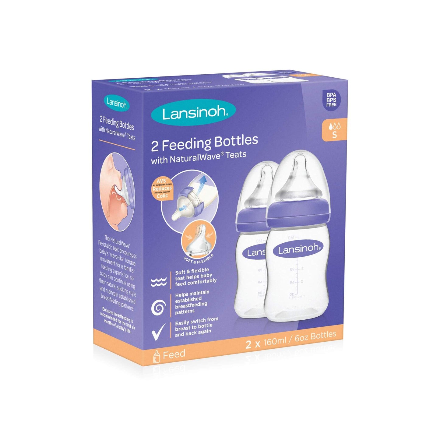 Side view of Lansinoh 2 Feeding Bottles (160ml each) packaging with NaturalWave® Teats, designed for easy transition between breast and bottle.