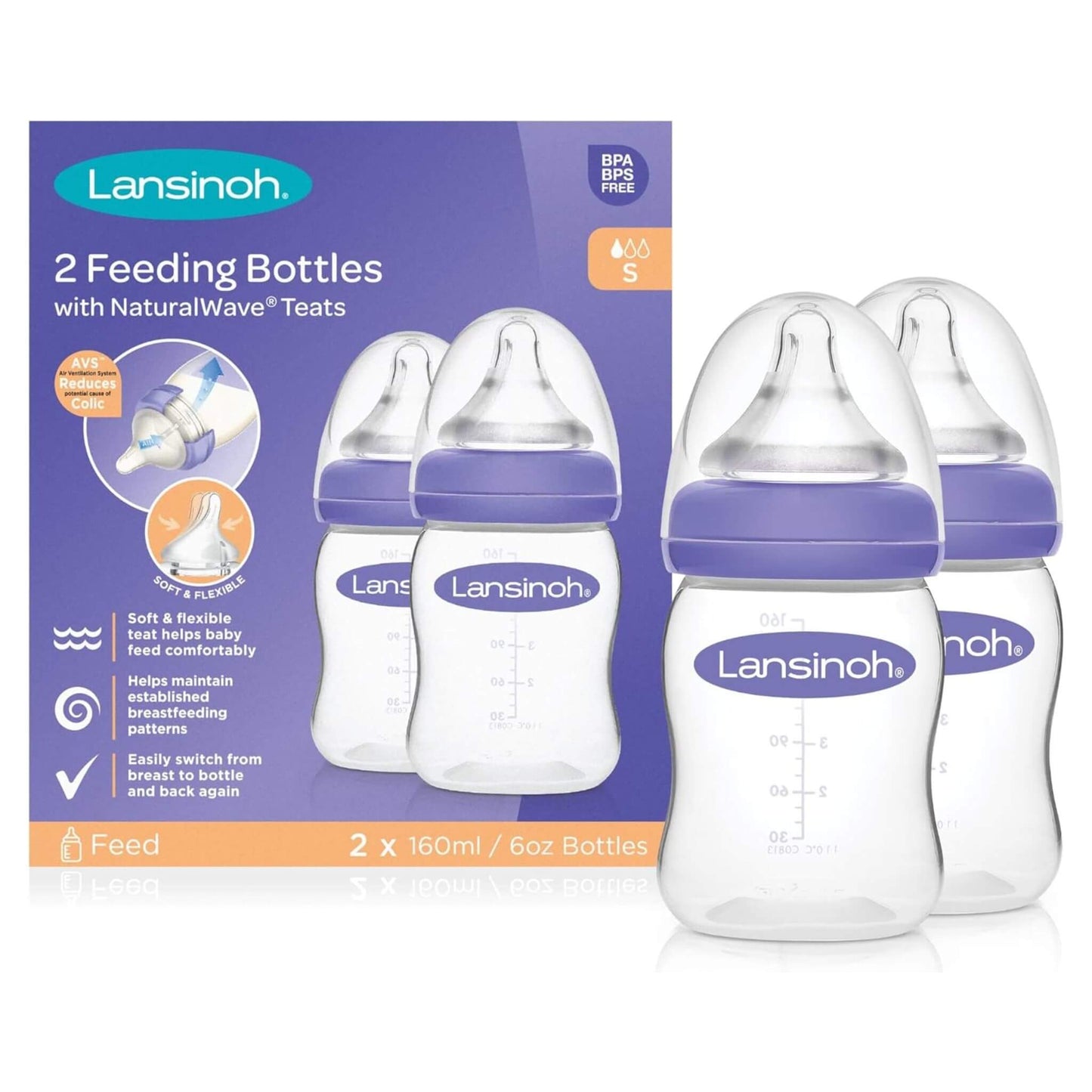 Packaging of Lansinoh 2 Feeding Bottles (160ml each) with NaturalWave® Teats, designed for easy transition between breast and bottle.