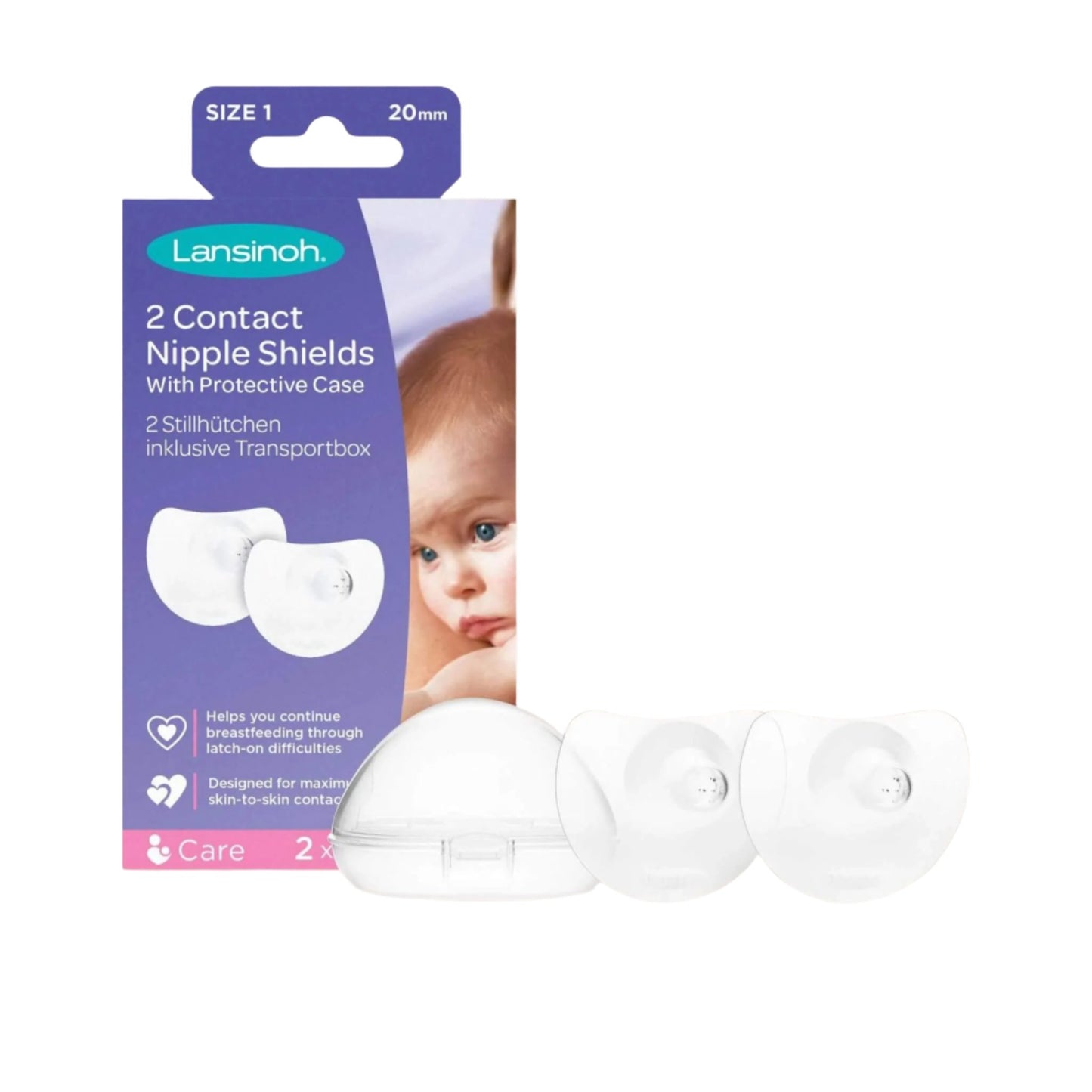 Lansinoh Contact Nipple Shields packaging showing two 20mm shields with a protective case, designed to help with breastfeeding latch-on difficulties while maximizing skin-to-skin contact.






