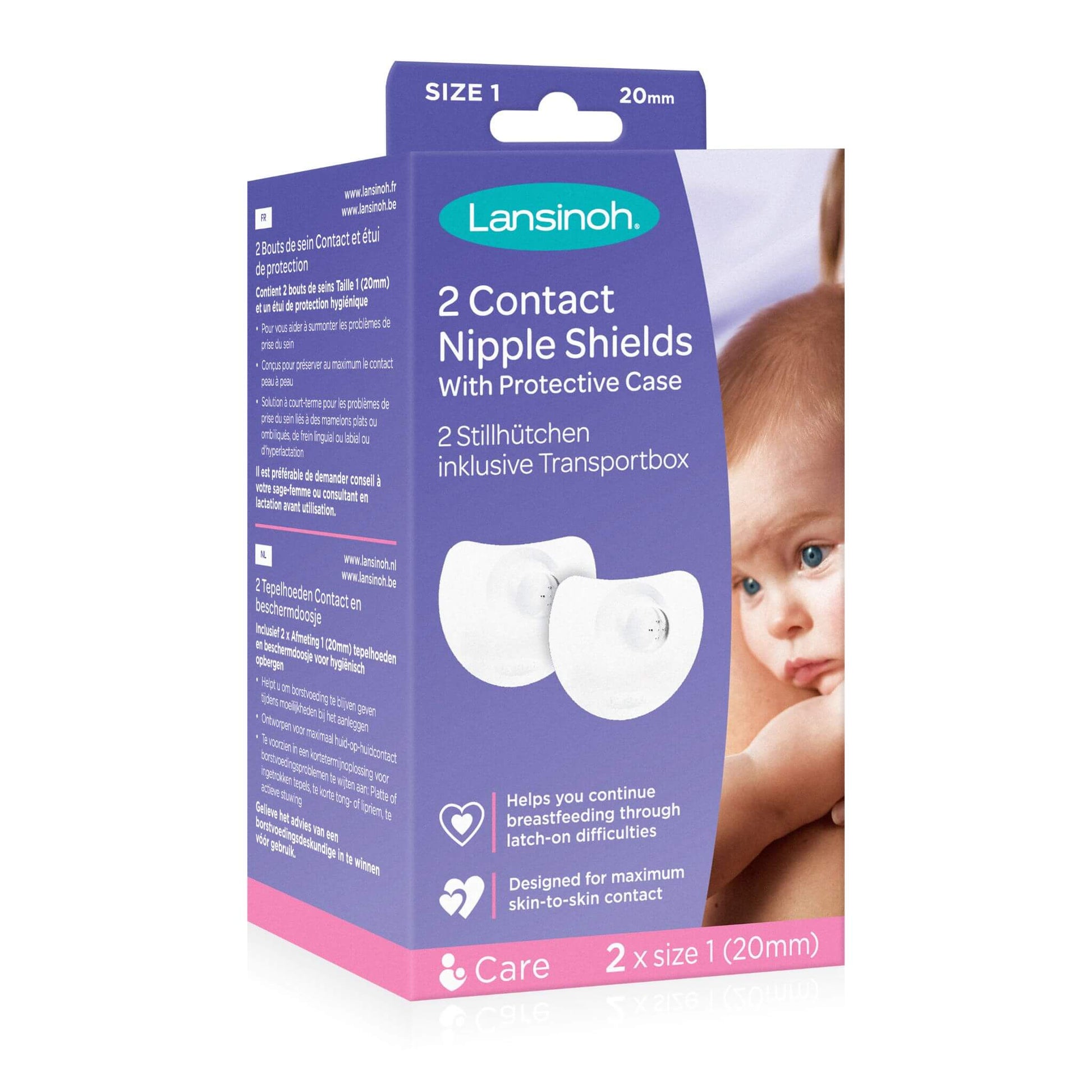 Lansinoh Contact Nipple Shields packaging for size 1 (20mm) shields, featuring two shields with a protective case, designed to aid breastfeeding with latch-on difficulties.