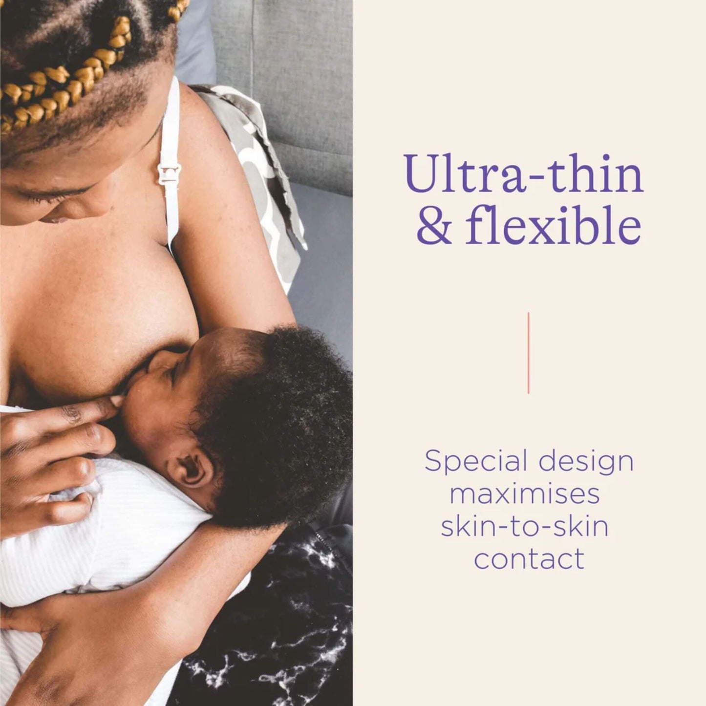 Mother breastfeeding her baby using a Lansinoh Contact Nipple Shield, emphasising the shield's ultra-thin and flexible design that maximizes skin-to-skin contact.