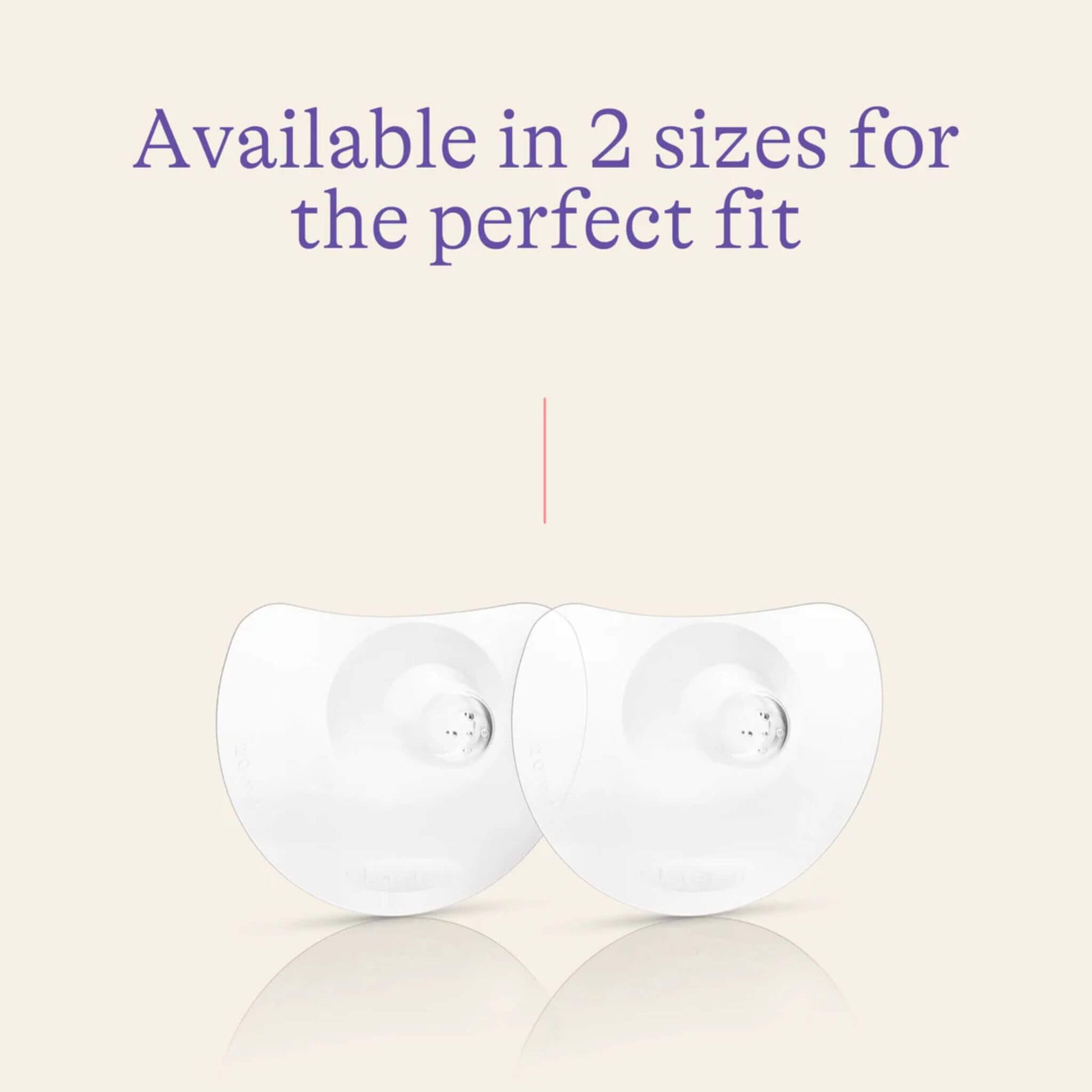 
Two Lansinoh Contact Nipple Shields displayed side by side, emphasising that they are available in two sizes for a perfect fit.