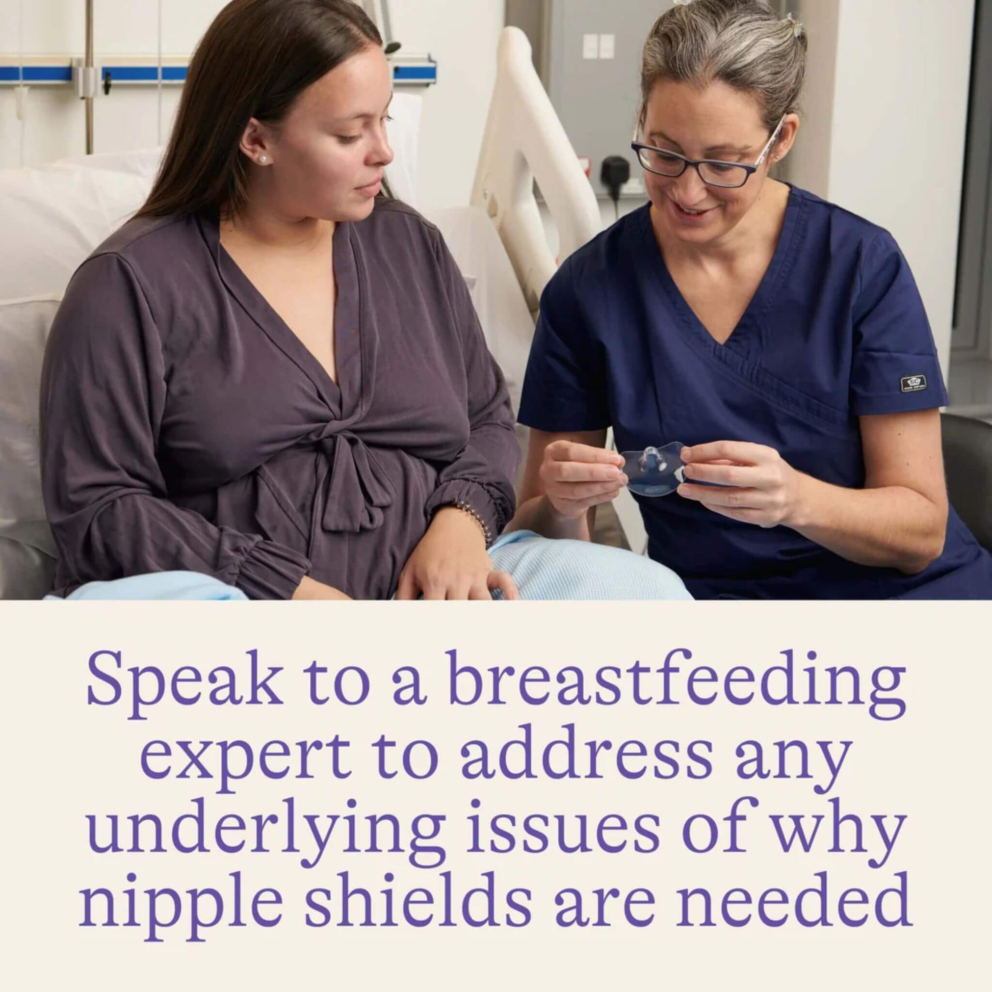 A healthcare professional showing a Lansinoh Contact Nipple Shield to a mother, emphasising the importance of consulting a breastfeeding expert to address underlying issues.