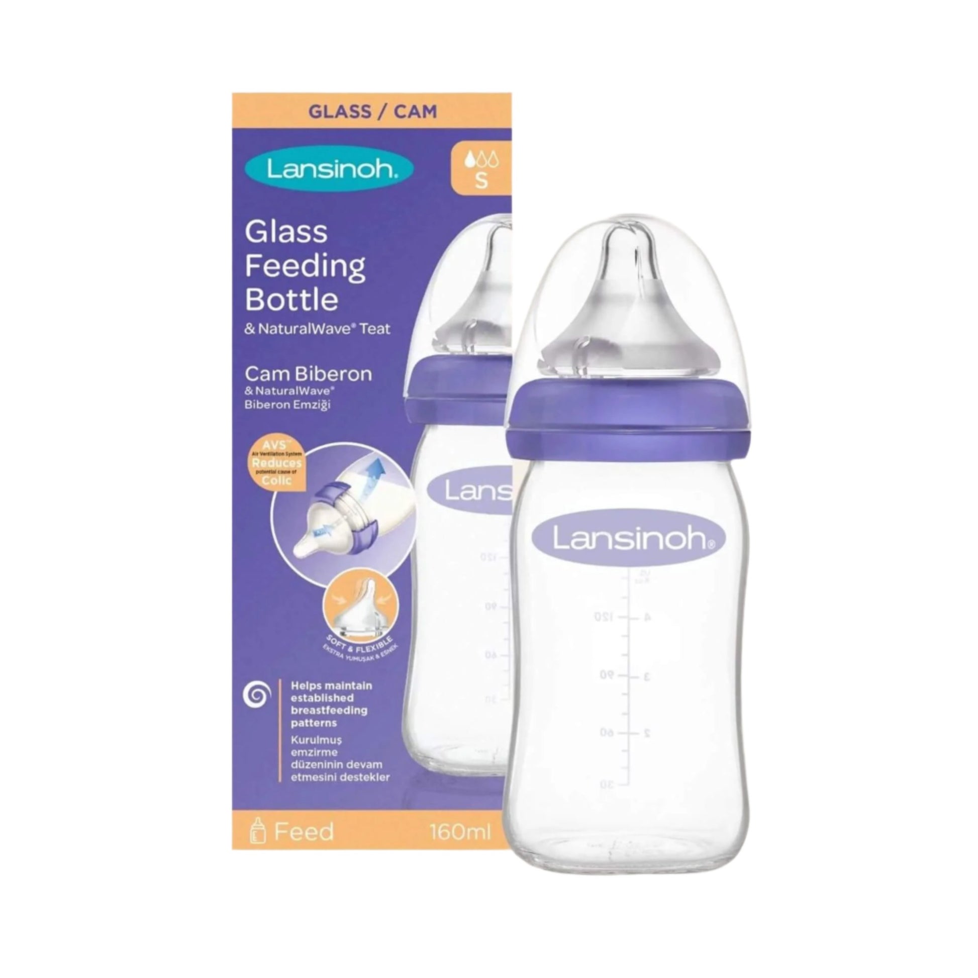 Lansinoh 160ml Glass Feeding Bottle with NaturalWave® Teat, shown with packaging, designed to support breastfeeding patterns and reduce colic.