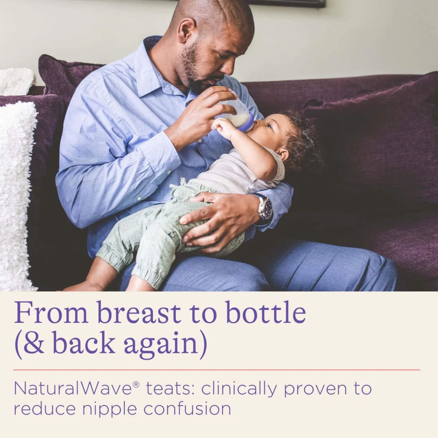 Father feeding a baby with a Lansinoh bottle, highlighting the NaturalWave® teats, designed to reduce nipple confusion and support easy transition between breast and bottle.