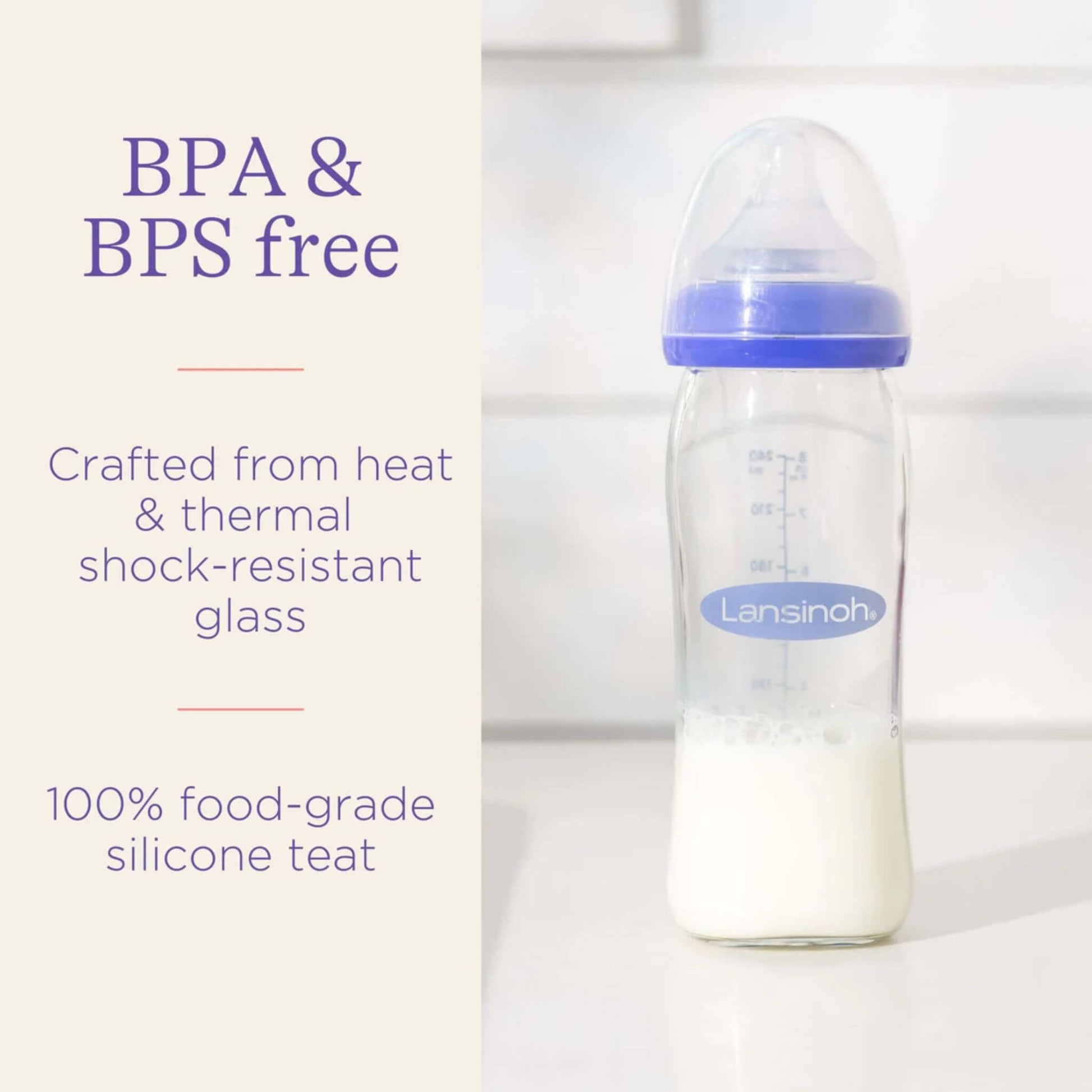 Lansinoh glass feeding bottle filled with milk, emphasizing its BPA & BPS free composition, crafted from heat-resistant glass with a 100% food-grade silicone teat.