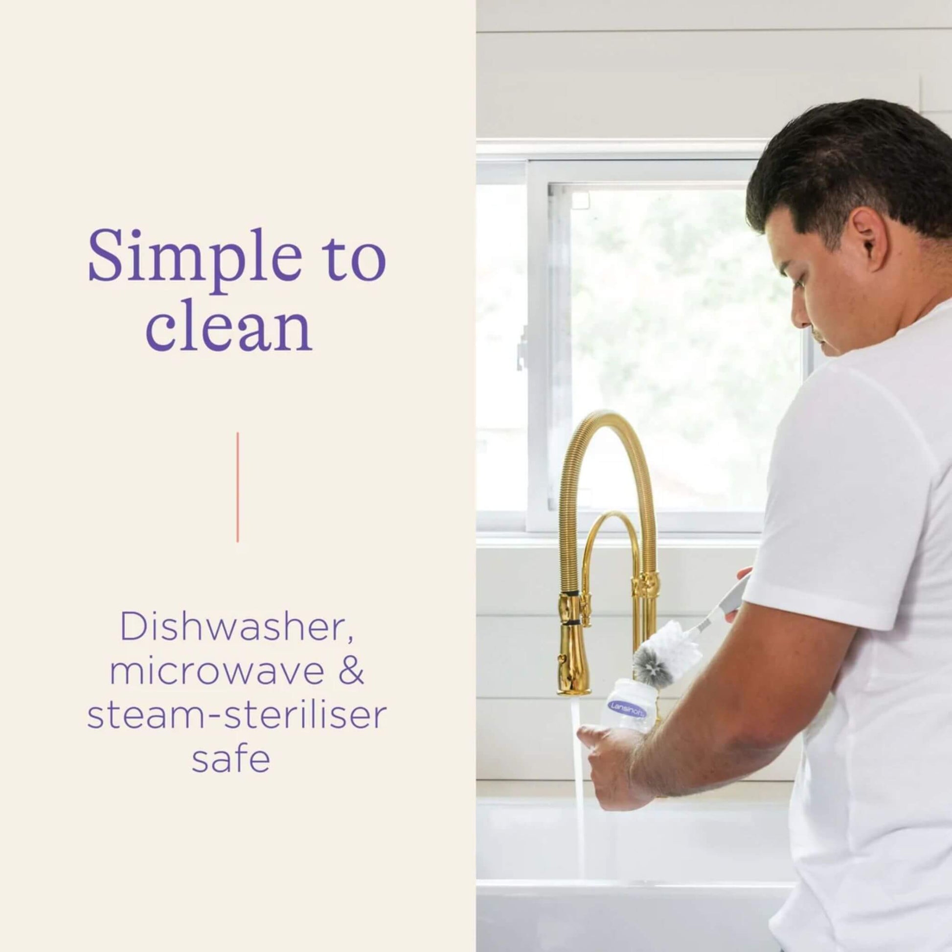 Person cleaning a Lansinoh glass feeding bottle, highlighting that it is dishwasher, microwave, and steam-sterilizer safe for easy cleaning.