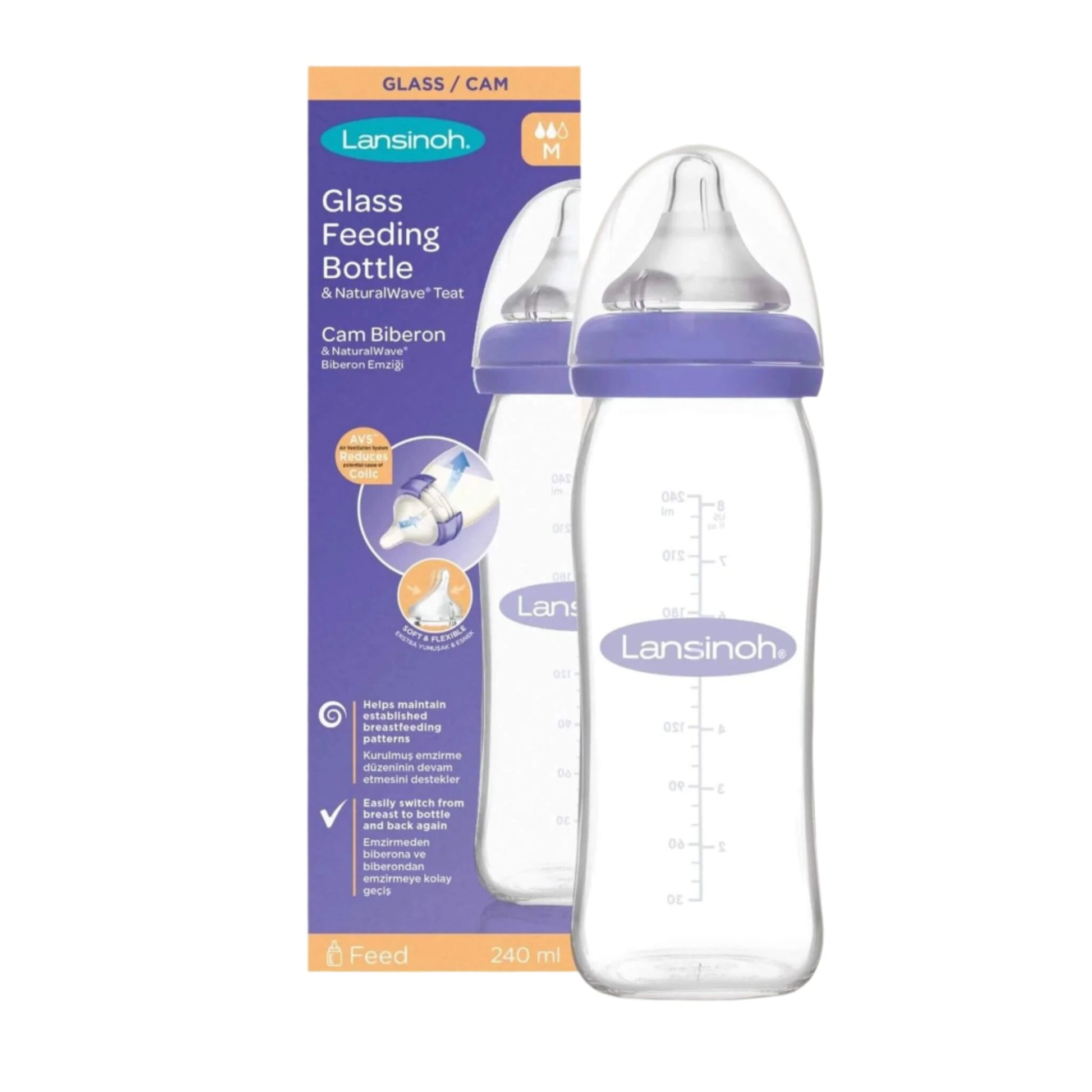 Lansinoh 240ml Glass Feeding Bottle with NaturalWave® Teat, shown with packaging, designed to support breastfeeding patterns and reduce colic.