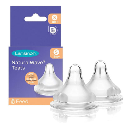 Lansinoh NaturalWave® Teats for 1m+ babies, featuring AVS™ to reduce colic and made from BPA and BPS-free silicone, ensuring safe feeding.