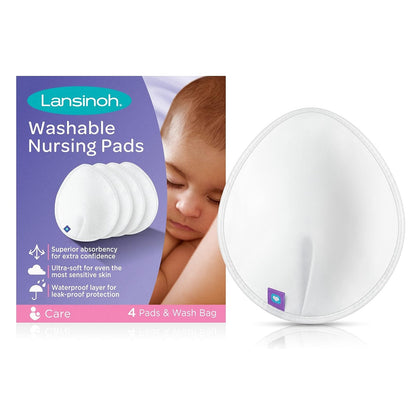 Lansinoh Washable Nursing Pads packaging, showing four pads, with features like superior absorbency, ultra-soft fabric, and leak-proof protection.