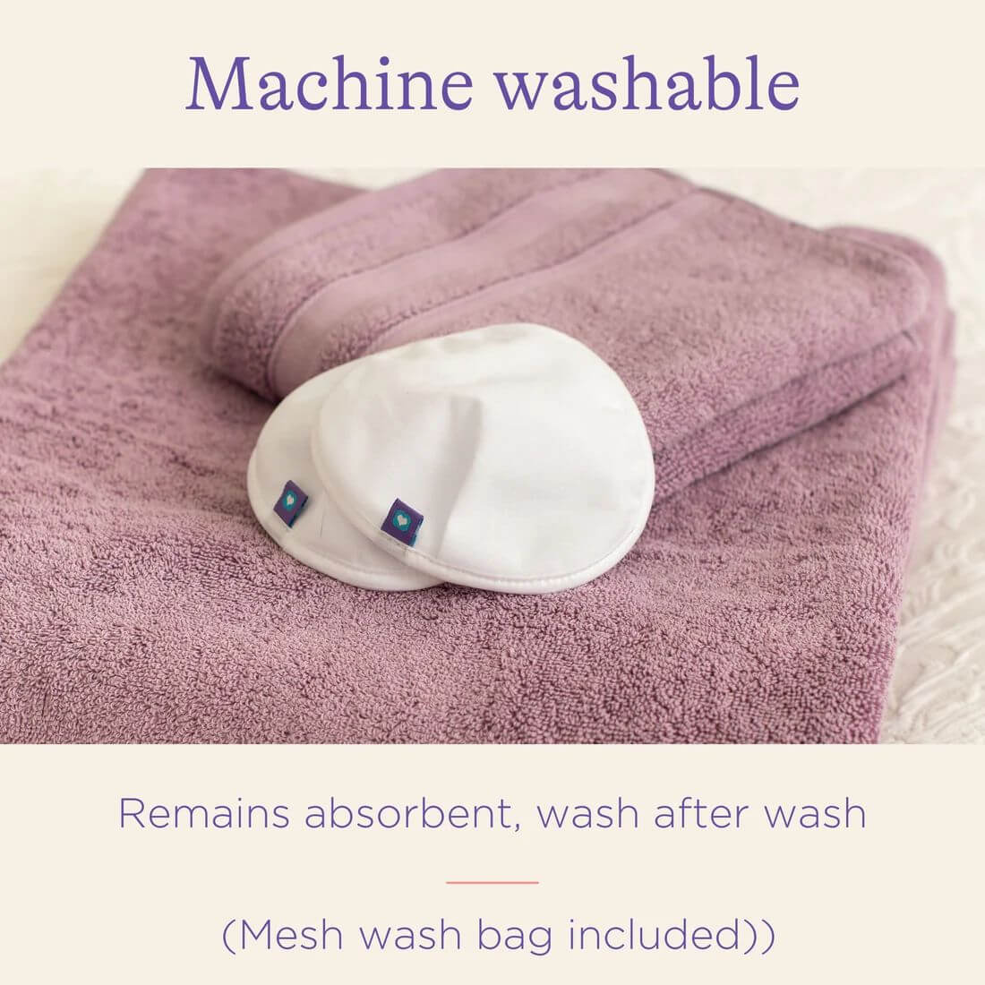 Two Lansinoh Washable Nursing Pads resting on a folded towel, highlighting their machine-washable feature and consistent absorbency after multiple washes.