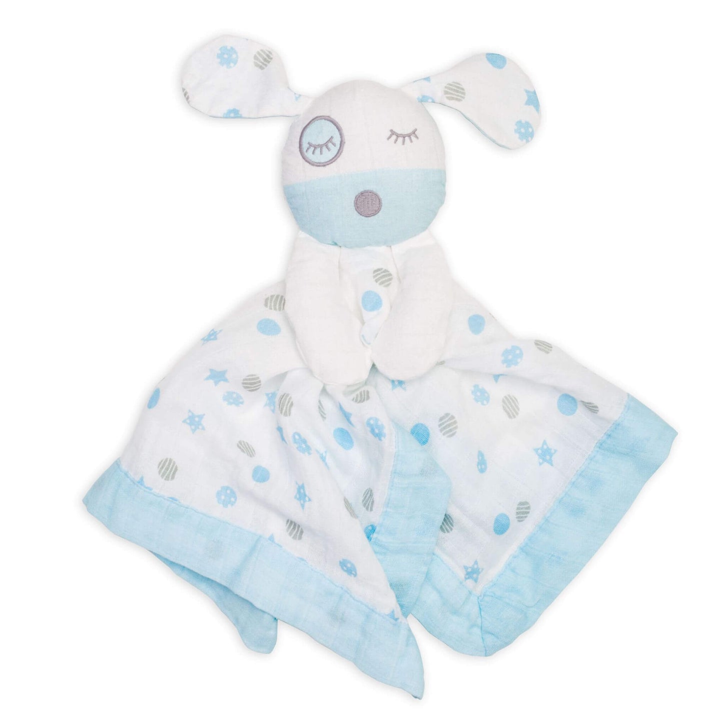 Lulujo Blue Puppy Muslin Lovey featuring soft white muslin fabric with blue and grey patterns, light blue trim, and adorable embroidered sleeping puppy face.