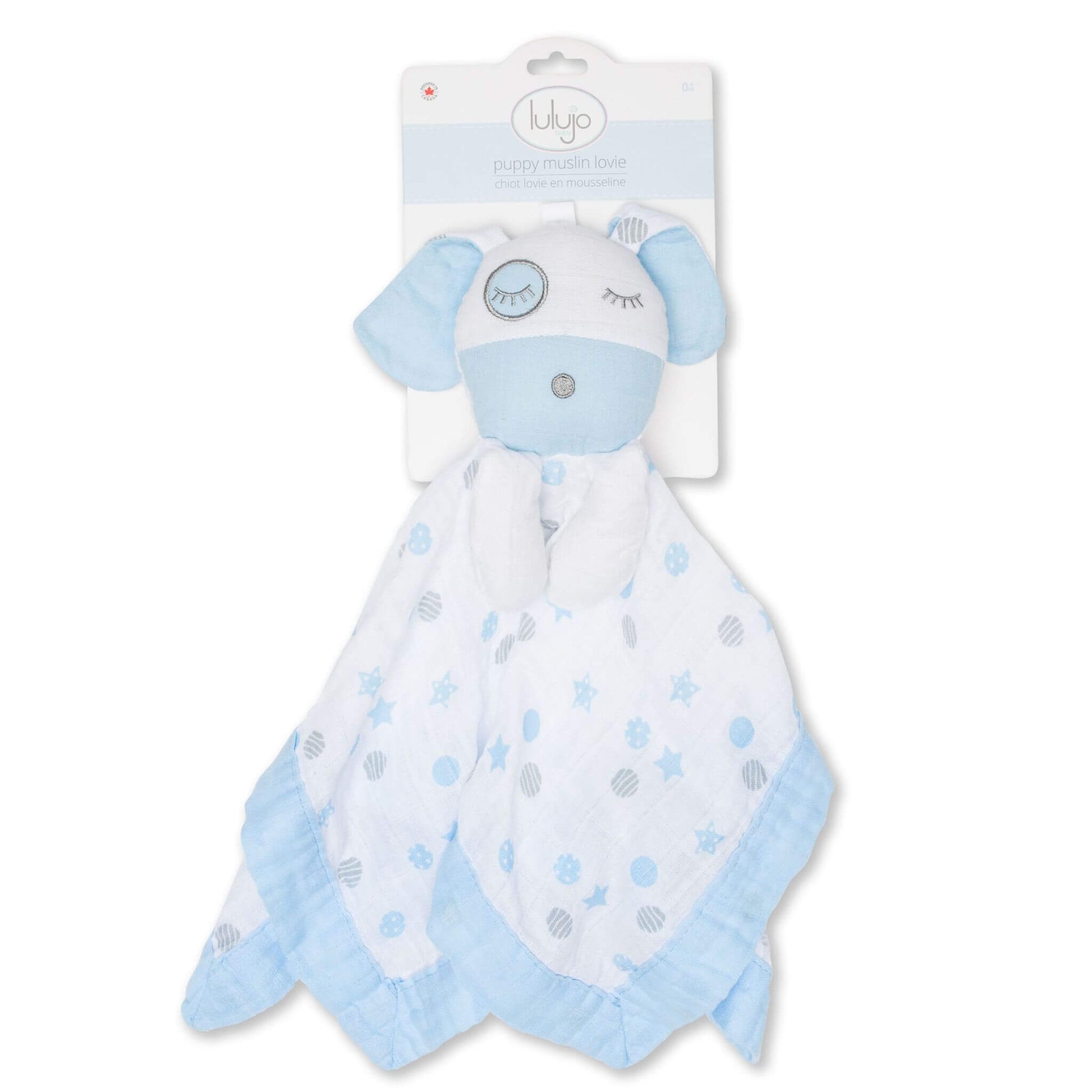 Lulujo Blue Puppy Muslin Lovey in retail packaging showing comfort blanket with embroidered puppy head, blue trim and star pattern design.