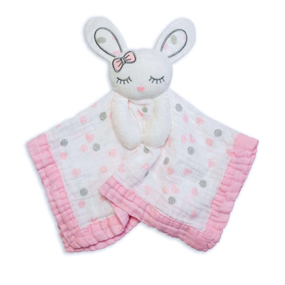 Lulujo Pink Bunny Lovey featuring soft white muslin fabric with pink and grey polka dots, pink ruffle trim, and adorable embroidered sleeping bunny face.