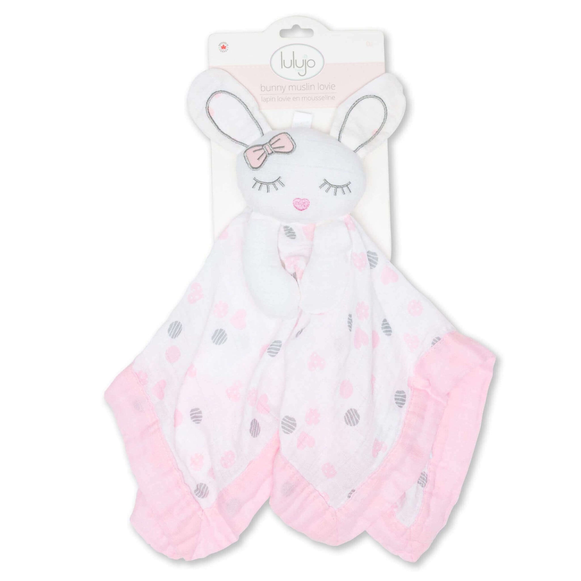 Lulujo Pink Bunny Lovey in retail packaging showing muslin comfort blanket with embroidered bunny head, pink trim and polka dot pattern.