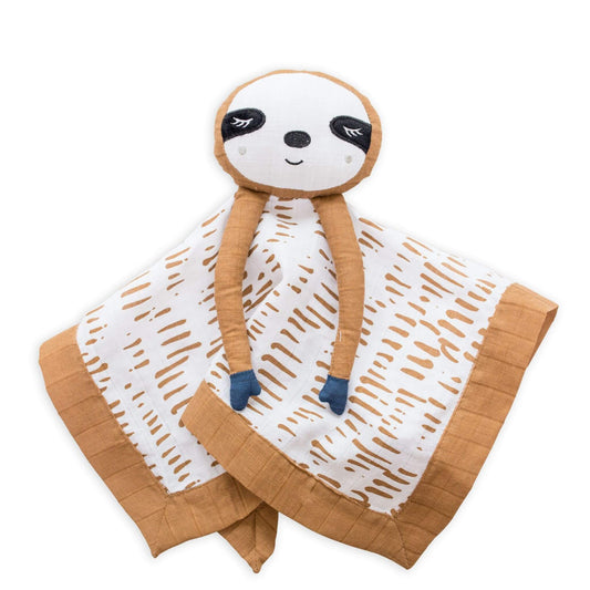 Lulujo Sloth Muslin Lovey featuring adorable embroidered sloth face, caramel brown trim and white fabric with dash pattern, perfect for soothing little ones.