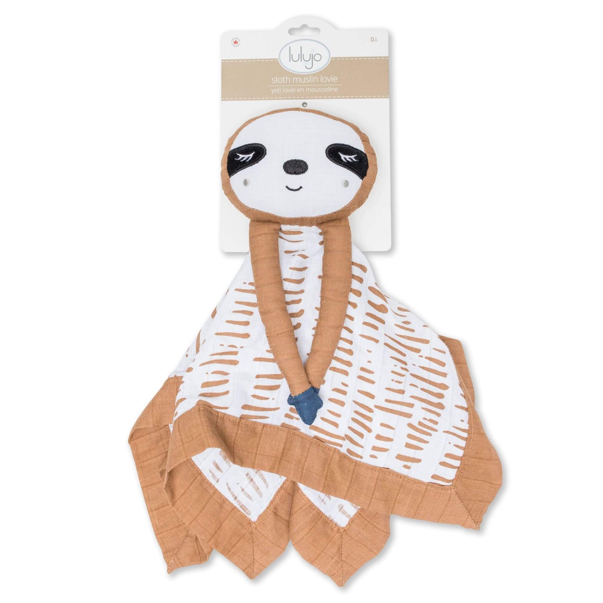 Lulujo Sloth Muslin Lovey in retail packaging showing comfort blanket with cute sloth character head, caramel trim and white patterned fabric.