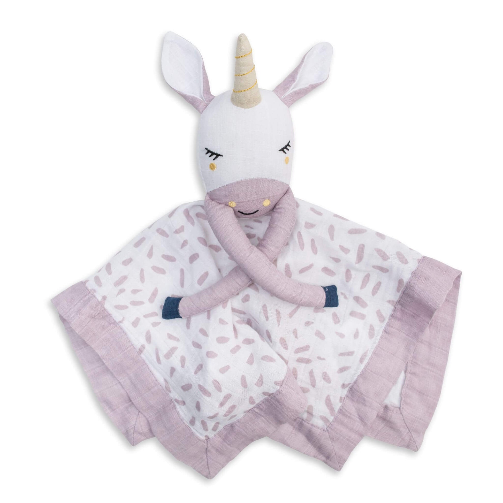 Lulujo Unicorn Muslin Lovey featuring magical embroidered unicorn face with gold horn, soft lilac trim and white fabric with delicate dash pattern.