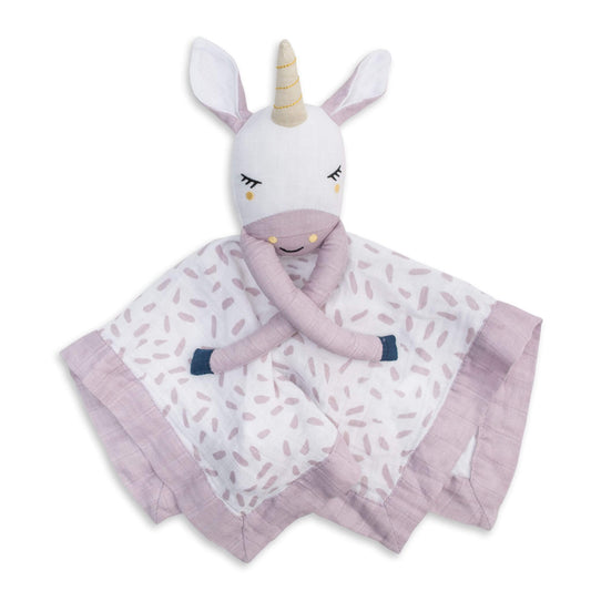 Lulujo Unicorn Muslin Lovey featuring magical embroidered unicorn face with gold horn, soft lilac trim and white fabric with delicate dash pattern.