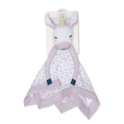 Lulujo Unicorn Muslin Lovey in retail packaging showing comfort blanket with sweet unicorn character head, lilac trim and white patterned fabric.