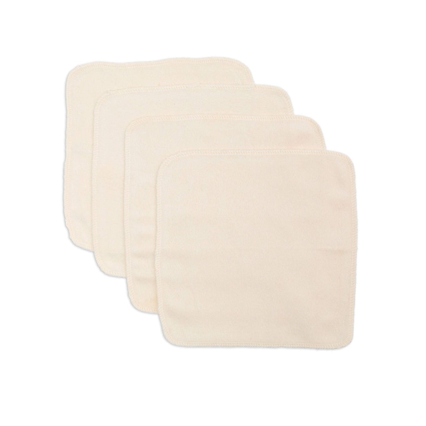 Set of four Lulujo Organic Face Cloths arranged in a stack, showcasing the soft cream colour and stitched edges for durability.