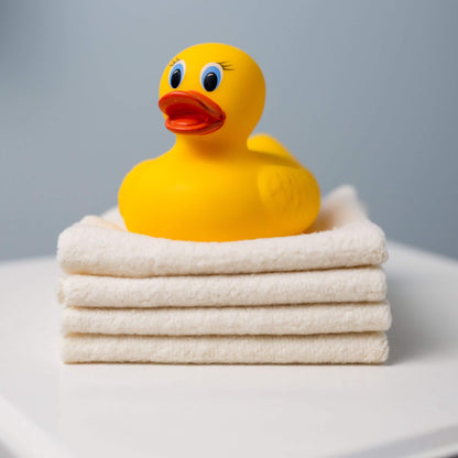 Yellow rubber duck toy placed atop stacked Lulujo Organic Face Cloths, demonstrating the perfect bath time pairing for babies.