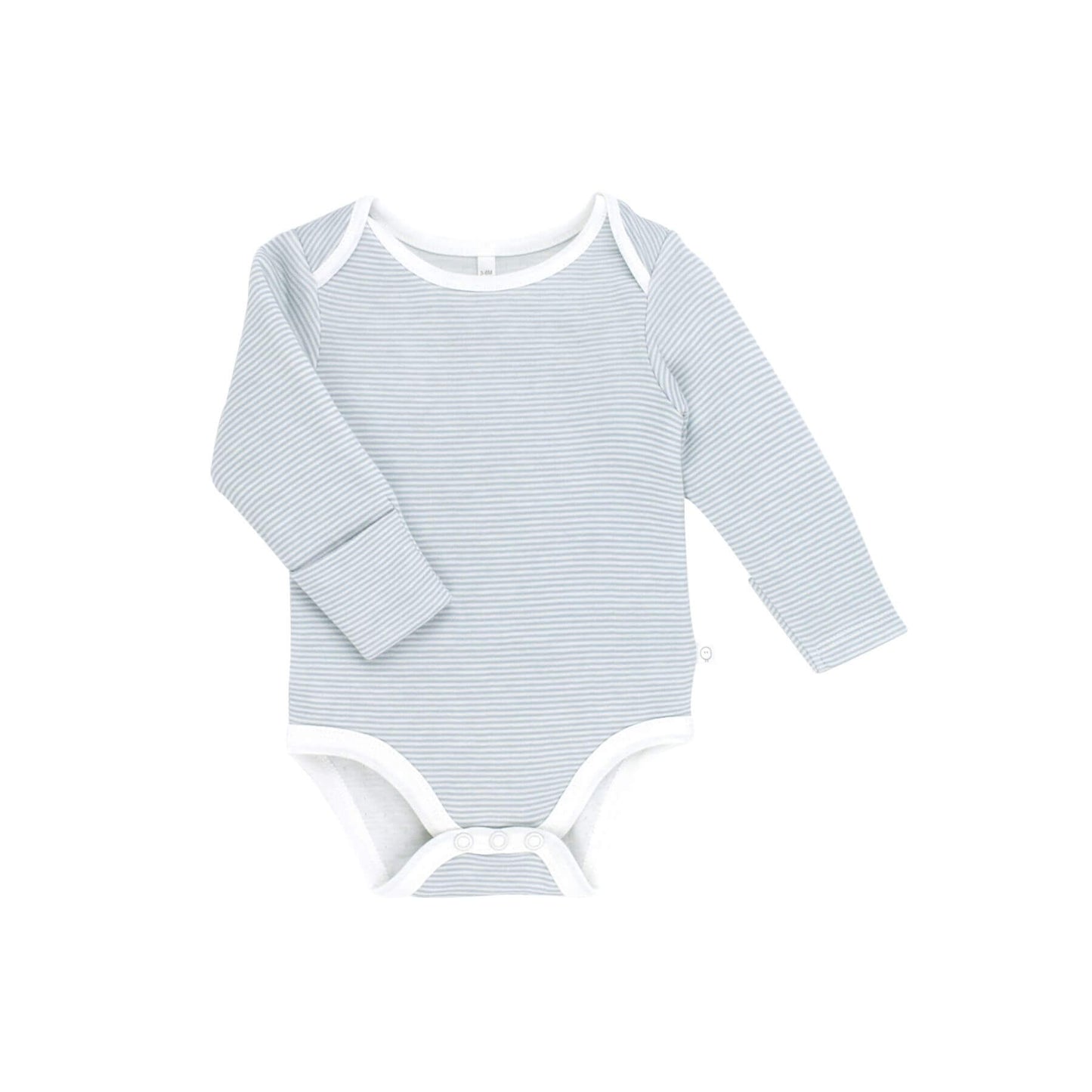 MORI blue stripe baby bodysuit with long sleeves and white trim, featuring two snap buttons at the bottom for easy dressing.