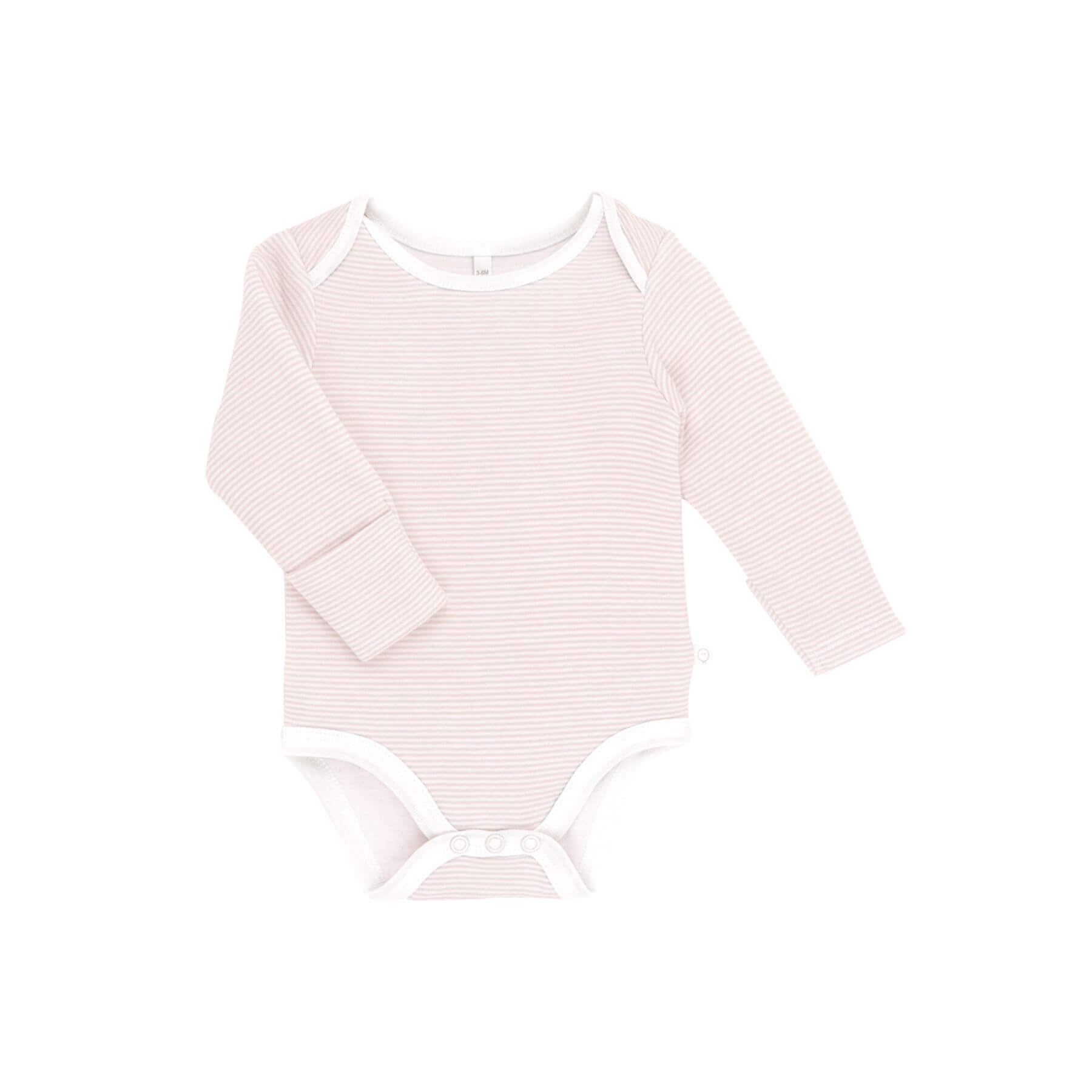 MORI Blush Stripe baby bodysuit with long sleeves and white trim, featuring two snap buttons at the bottom for easy dressing.