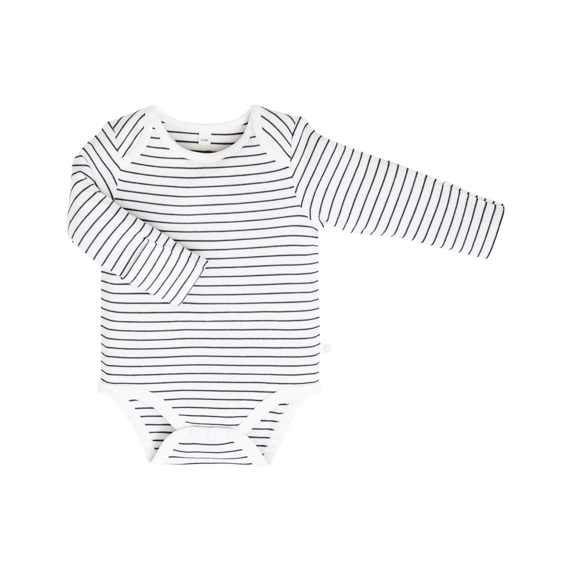 MORI Grey Stripe baby bodysuit with long sleeves and white trim, featuring two snap buttons at the bottom for easy dressing.