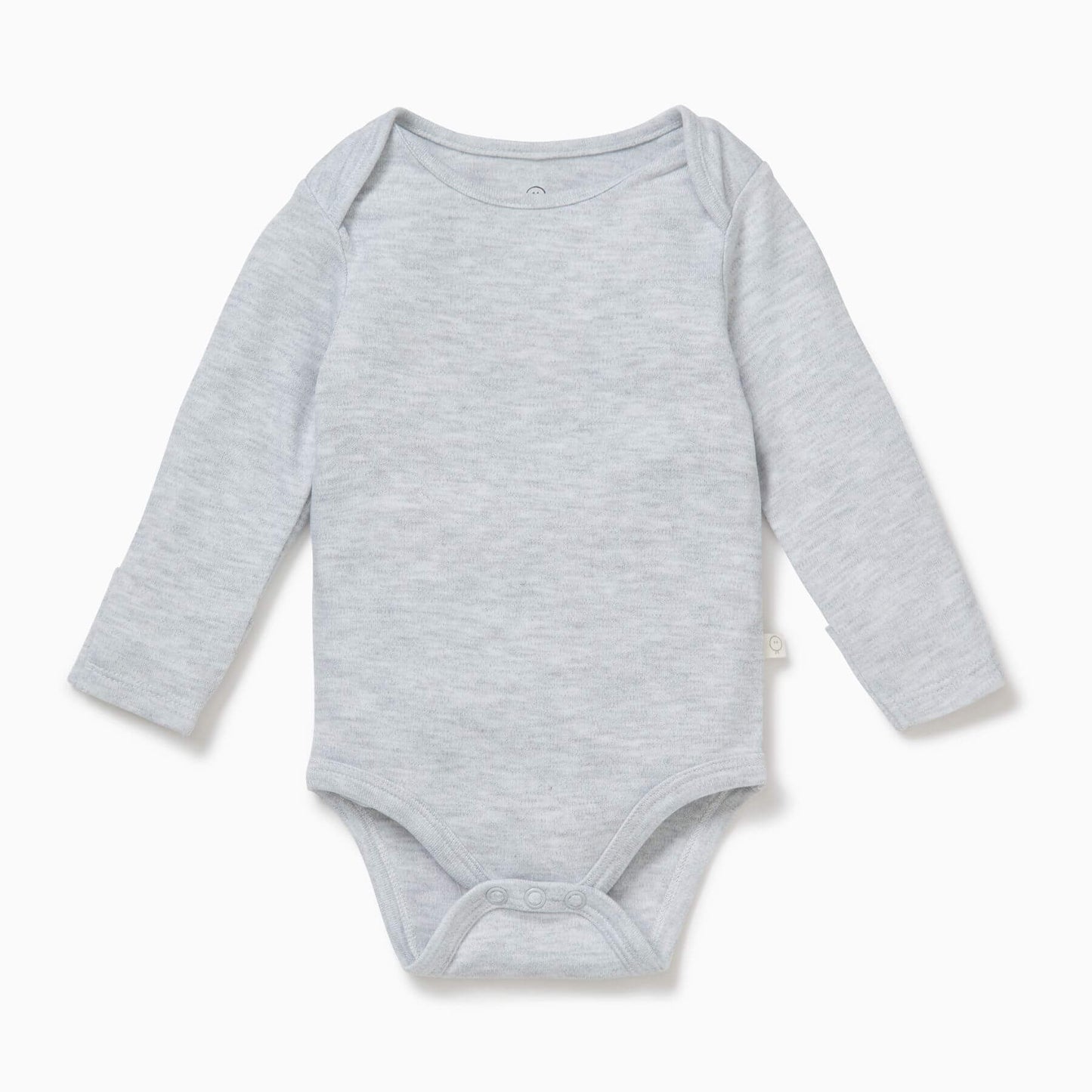 MORI Grey baby bodysuit with long sleeves and white trim, featuring two snap buttons at the bottom for easy dressing.