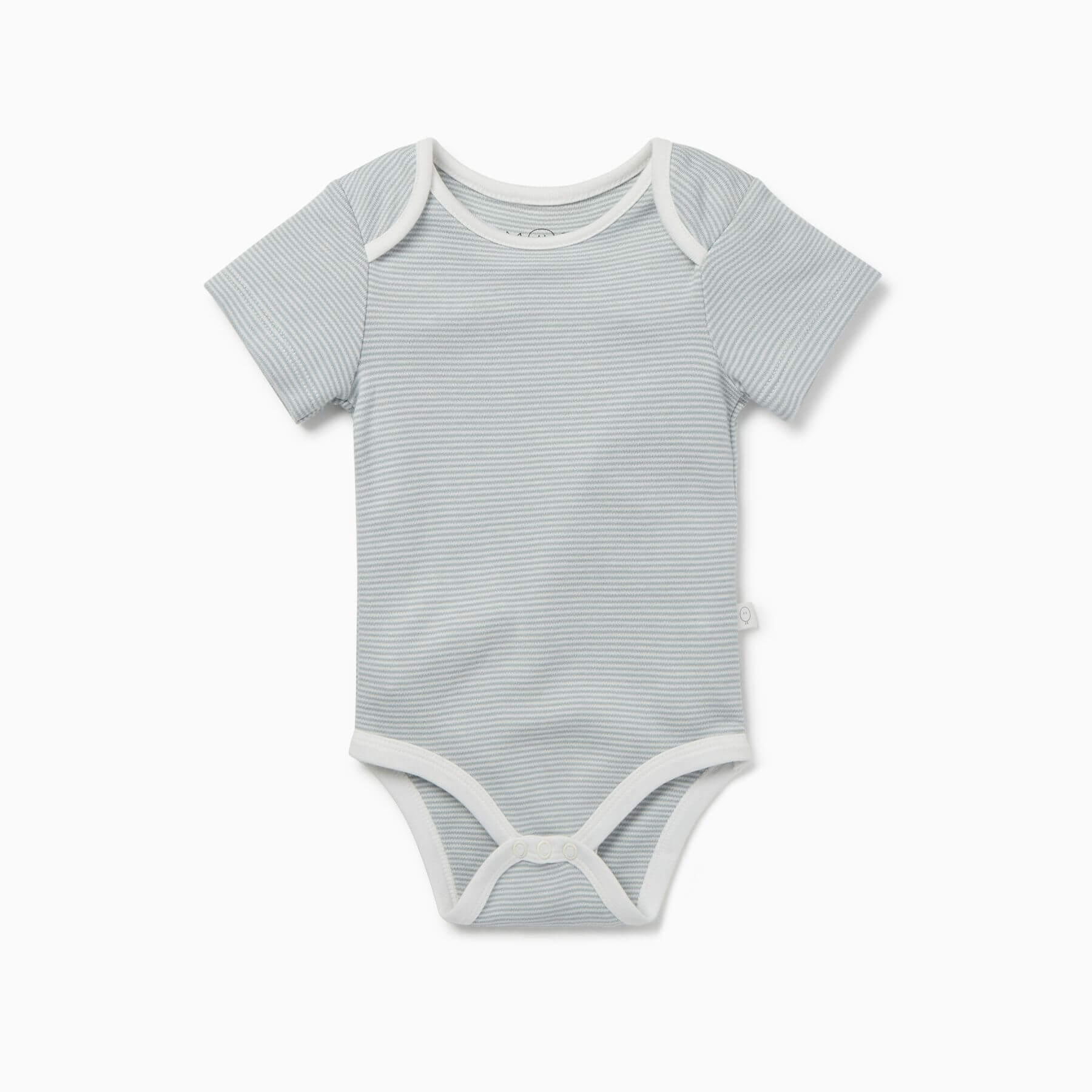 Blue Stripe MORI baby bodysuit with short sleeves and white trim, featuring two snap buttons at the bottom for easy dressing.