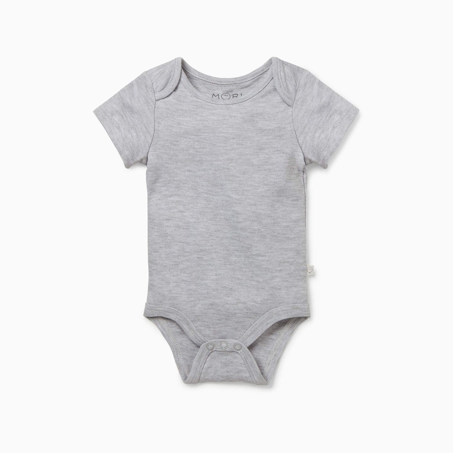 MORI Grey baby bodysuit with short sleeves and white trim, featuring two snap buttons at the bottom for easy dressing.