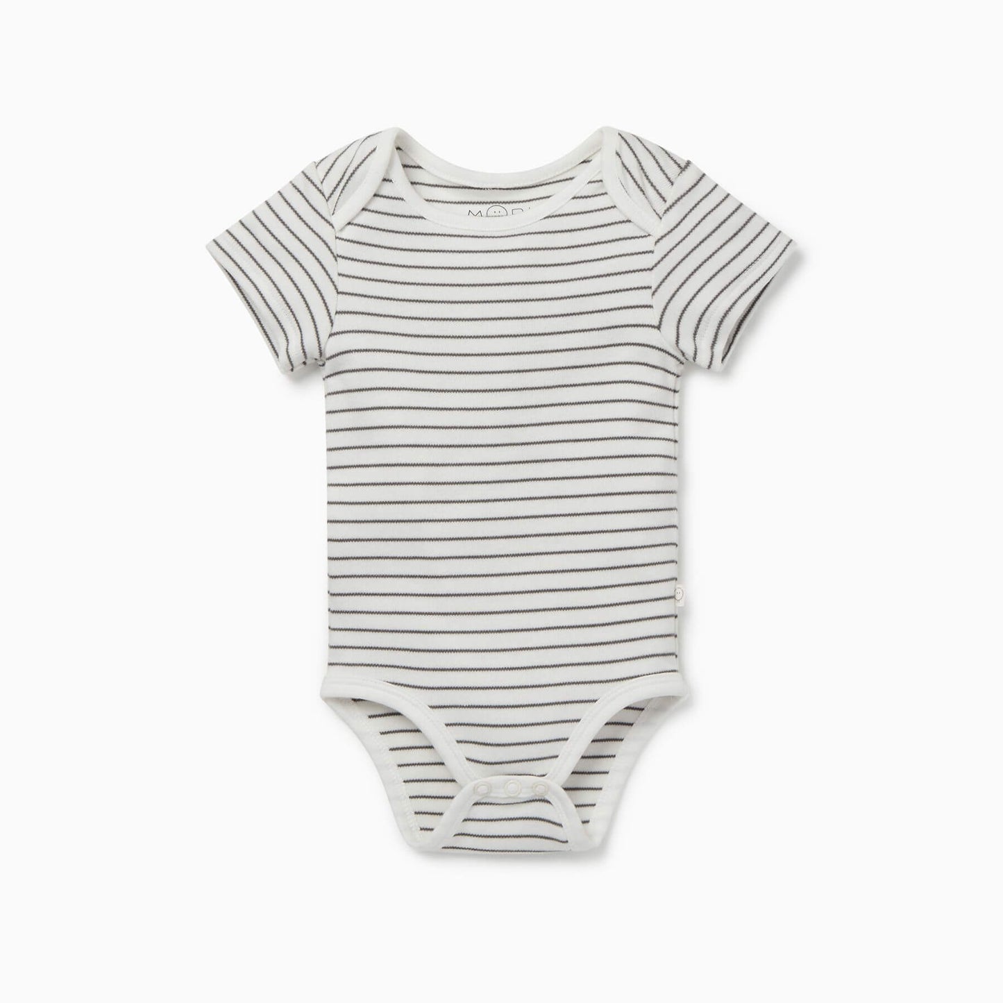 MORI Grey Stripe baby bodysuit with short sleeves and white trim, featuring two snap buttons at the bottom for easy dressing.